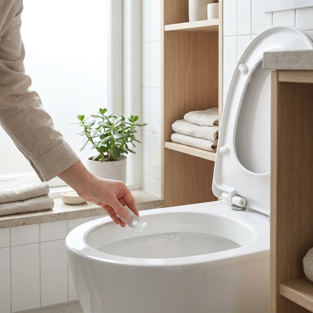 Moderne toiletpot in een lichte West-Europese badkamer, met een hand die een compact toiletproduct aanbrengt als duurzaam alternatief.