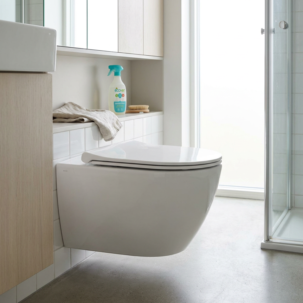 Fris West-Europees toilet met gesloten wc-deksel, schone contactpunten en zachte daglichtsfeer in een nette moderne badkamer.
