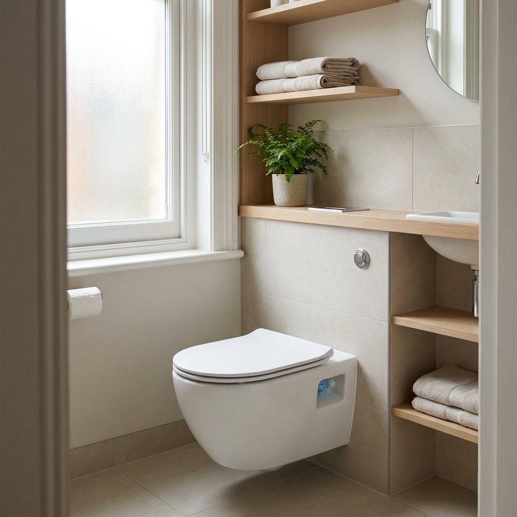 Rustige, nette badkamer met gesloten toilet en subtiel zichtbaar toiletblokje onder de rand, gefotografeerd in zacht daglicht.