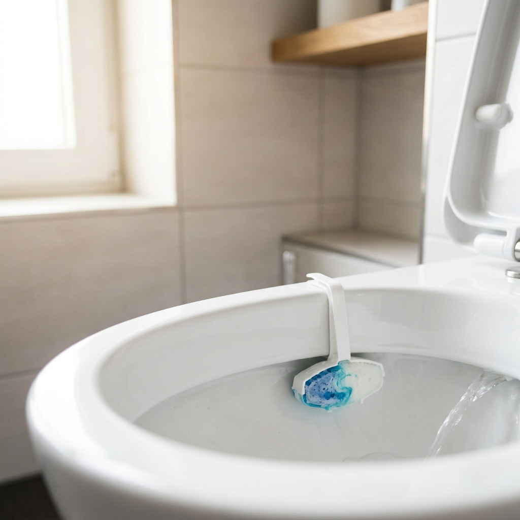 Close-up van een modern wit toilet met een toiletblokje dat scheef hangt en ongelijk oplost, in helder daglicht van een nette badkamer.