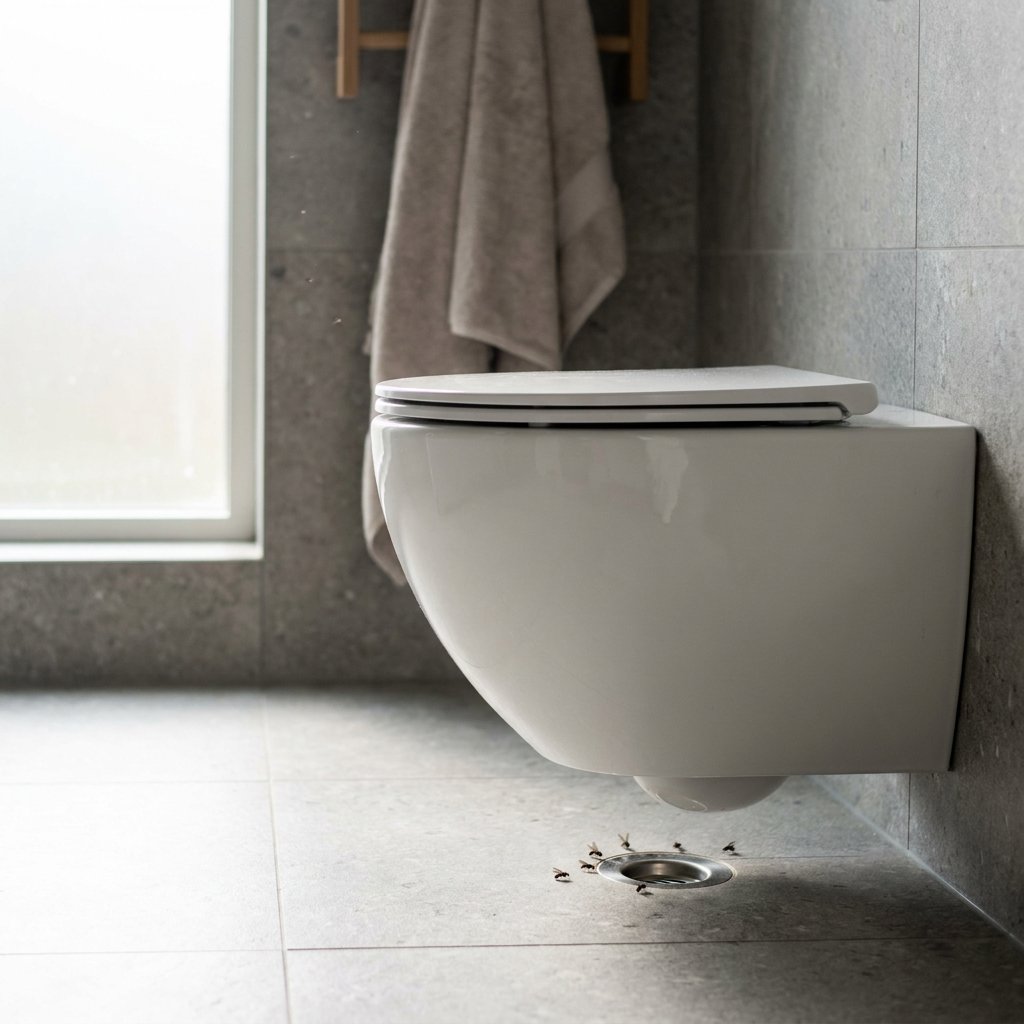 Kleine donkere rioolvliegjes zitten op de rand van een wc-pot en rond de afvoer in een nette moderne badkamer met zacht daglicht.