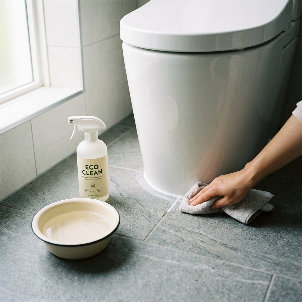 Hand met zachte doek reinigt de siliconenkit rond een wit toilet in een nette moderne badkamer, met daglicht en een rustige, schone sfeer.