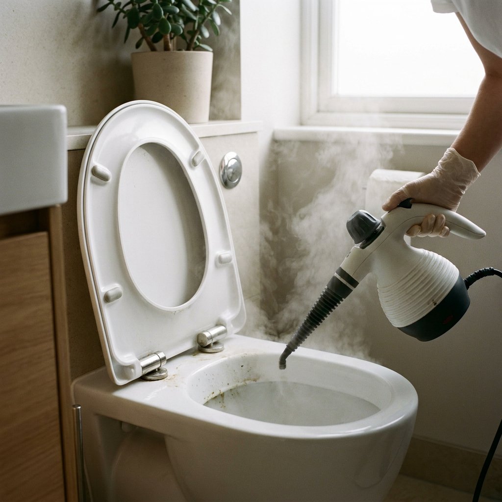 Persoon maakt een modern wit toilet schoon met een stoomreiniger, met zichtbare stoom bij de bril en scharnieren in helder daglicht.
