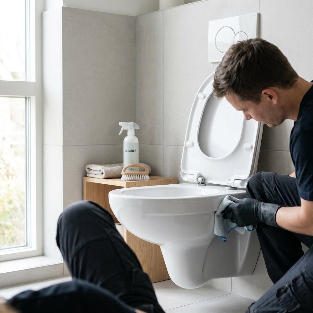 Persoon maakt een wit hangtoilet schoon in een moderne badkamer, met doek en reiniger bij zacht daglicht en een frisse, nette sfeer.