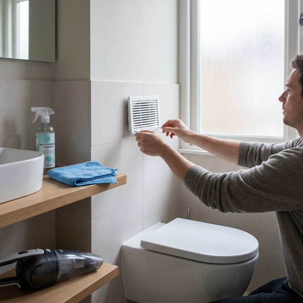 Hand verwijdert een wit ventilatierooster in een modern toilet, met schoonmaakdoek en zachte daglichtsfeer in een nette badkamer.