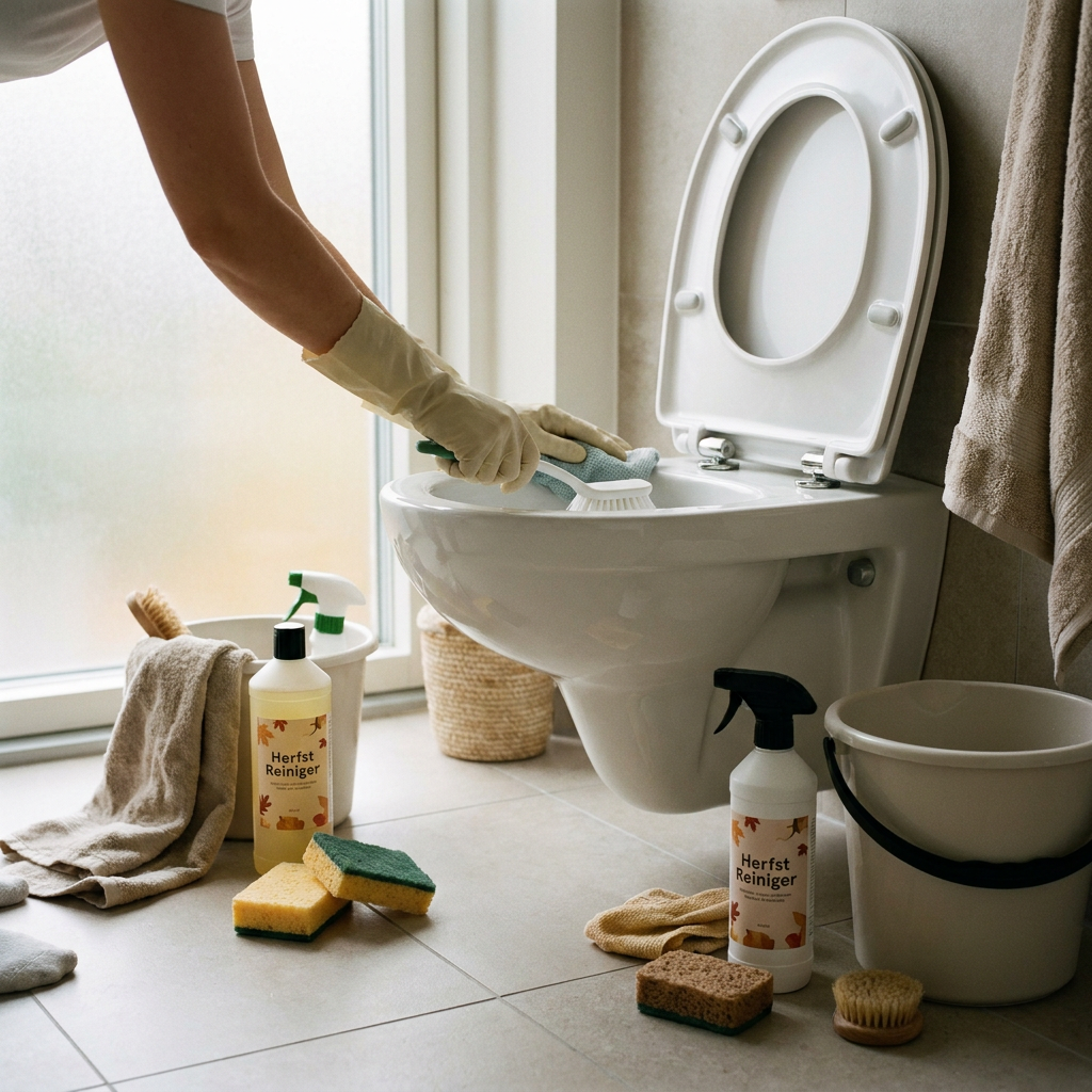 Persoon maakt een modern toilet grondig schoon met doek en spray in een frisse badkamer, met zacht herfstlicht en zichtbare nette details.