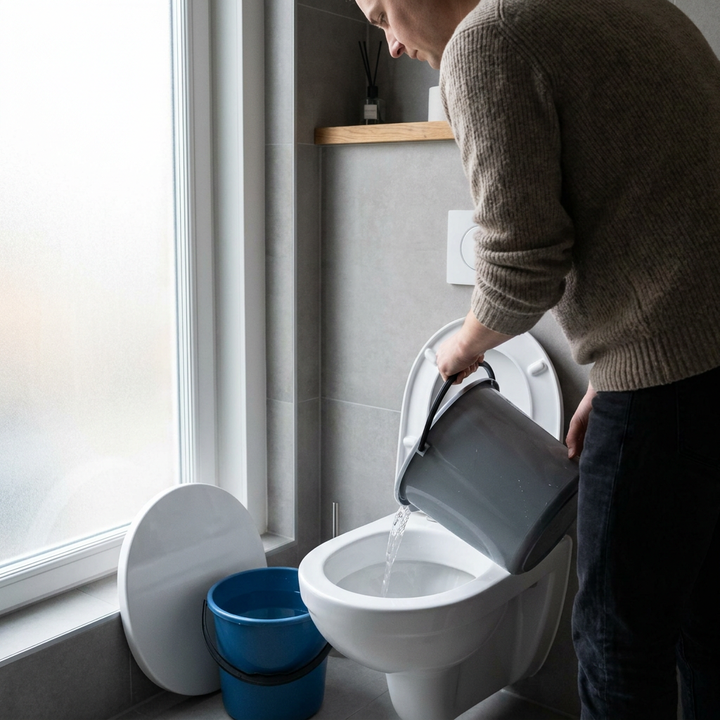 Moderne badkamer met toilet en gevulde emmer ernaast, terwijl een hand water in de pot giet bij zacht daglicht.