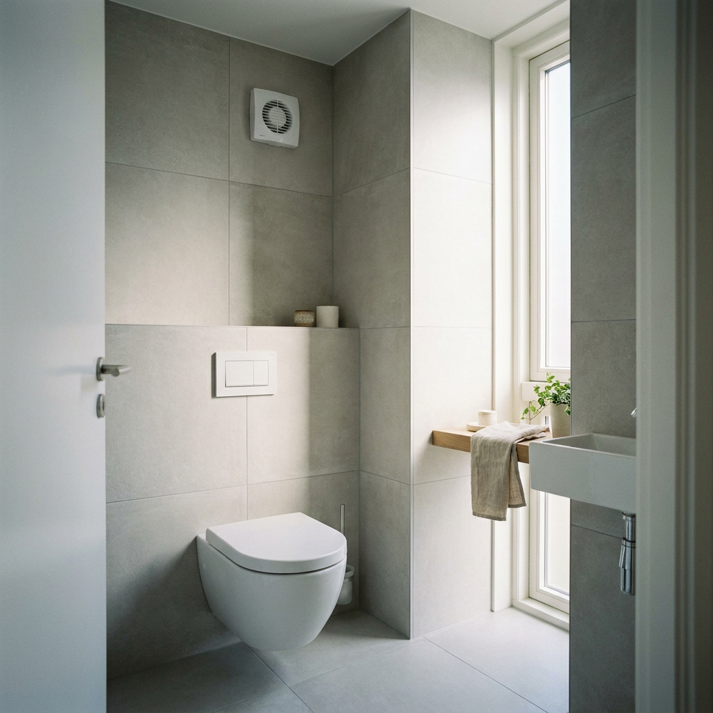 Moderne kleine toiletruimte met wandcloset, afzuigventilator hoog aan de muur en zachte daglichtinval die een frisse, schone sfeer toont.