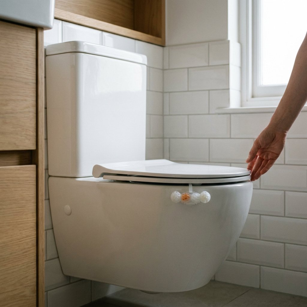 Open, schoon toilet in een modern West-Europees huis met één toiletblokje onder de rand, gefotografeerd in zacht daglicht en rustige sfeer.