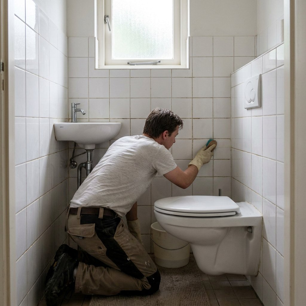 Close-up van een kleine moderne toiletruimte waar iemand met een borstel verkleurde voegen langs witte wandtegels schoonmaakt bij het fonteintje.