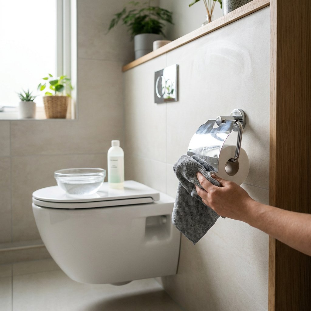 Hand met microvezeldoek poetst een chromen toiletrolhouder naast een wc in een lichte, moderne badkamer met zachte daglichtreflecties.