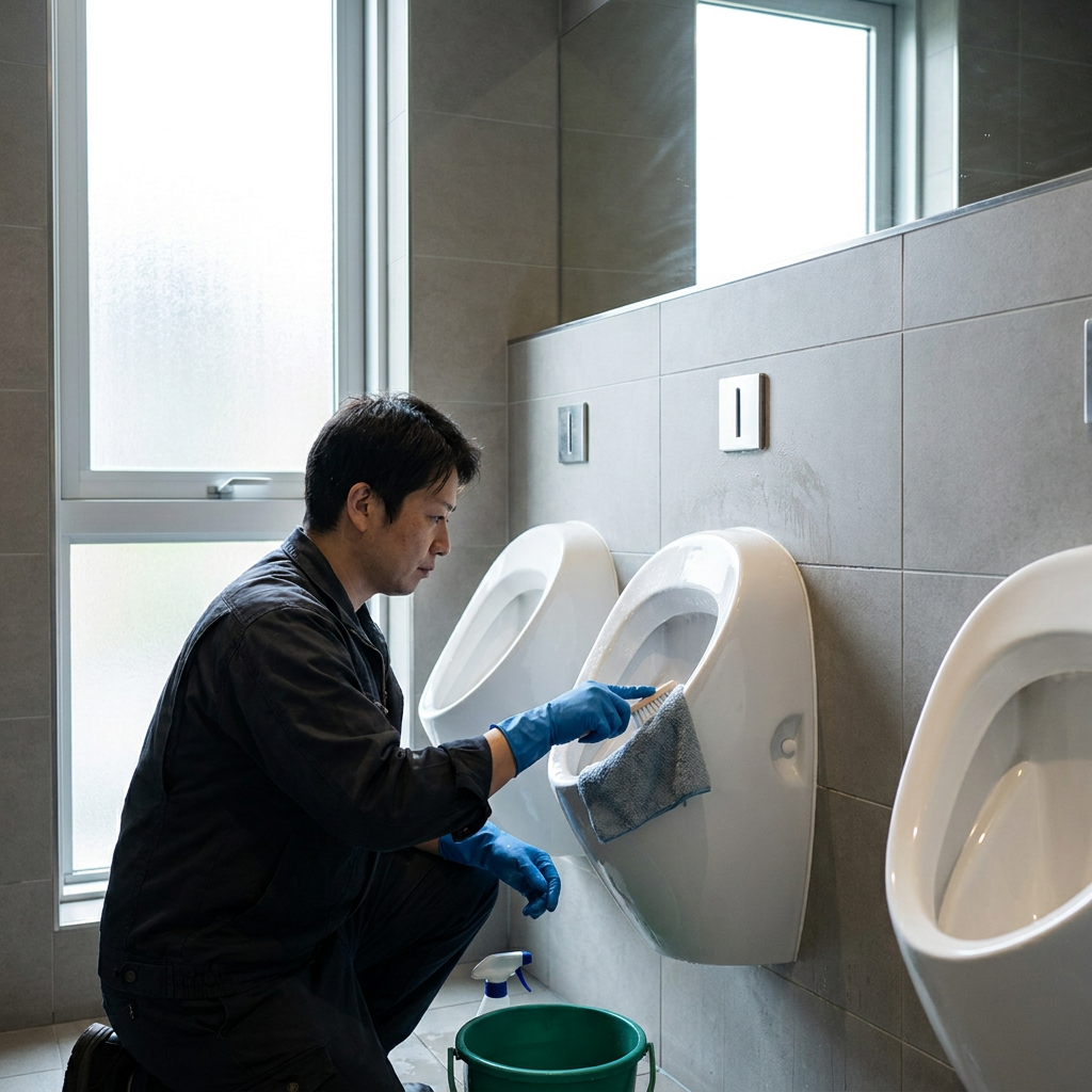 Persoon in handschoenen reinigt een wit porseleinen urinoir in een moderne Europese toiletruimte, met focus op rand, afvoer en kalm daglicht.