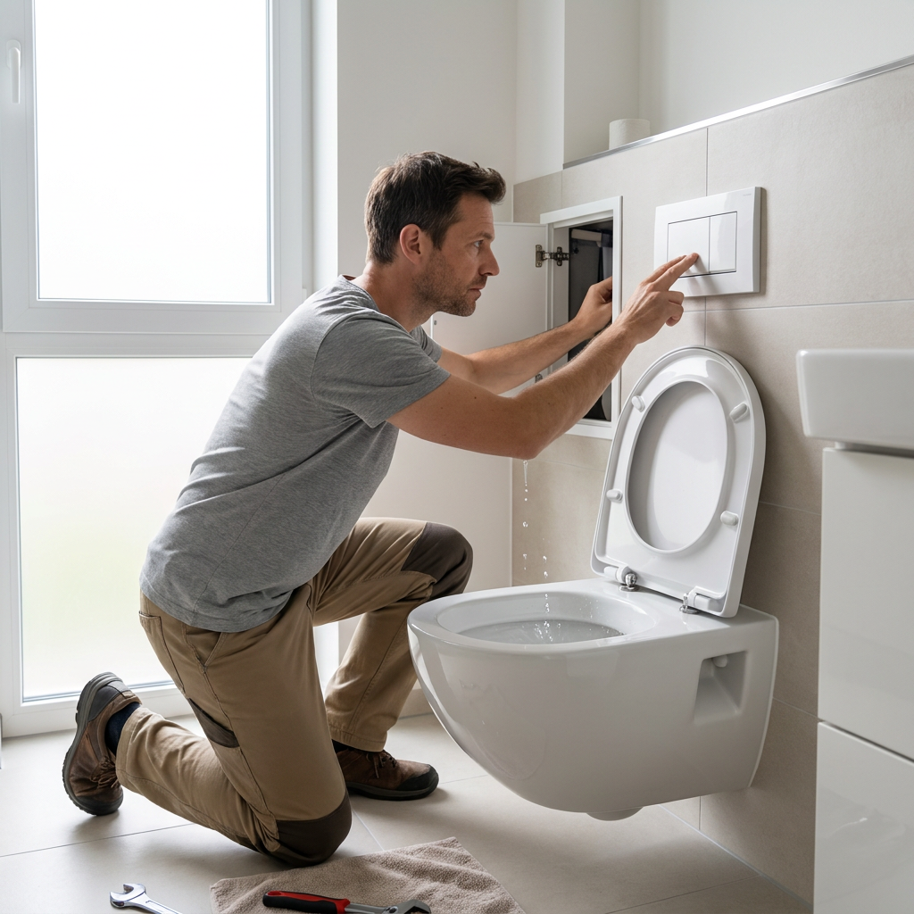 Moderne badkamer met hangtoilet waarvan water zichtbaar blijft lopen, terwijl een bewoner de spoelknop en stortbak controleert.