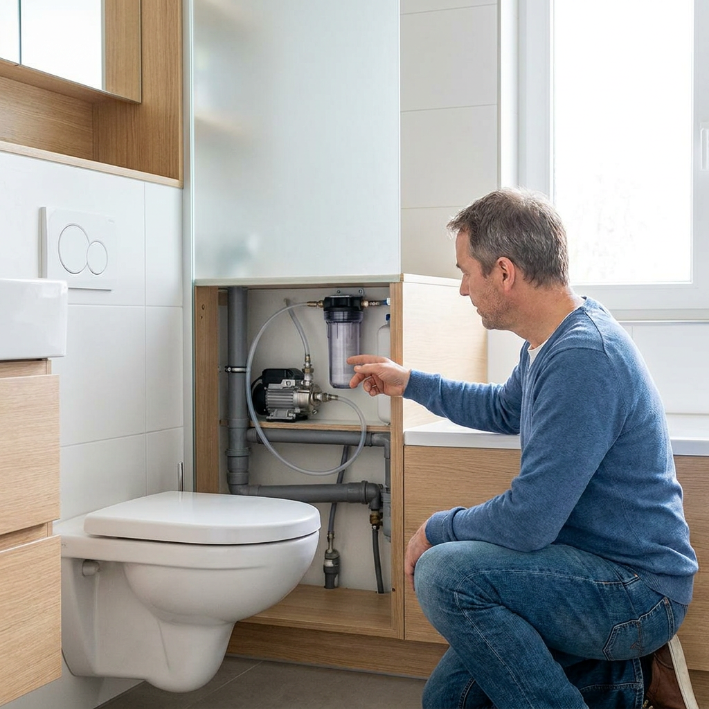 Moderne badkamer met zichtbaar spoelreservoir en technische leidingen, terwijl een huiseigenaar het grondwatersysteem voor toiletspoeling controleert.