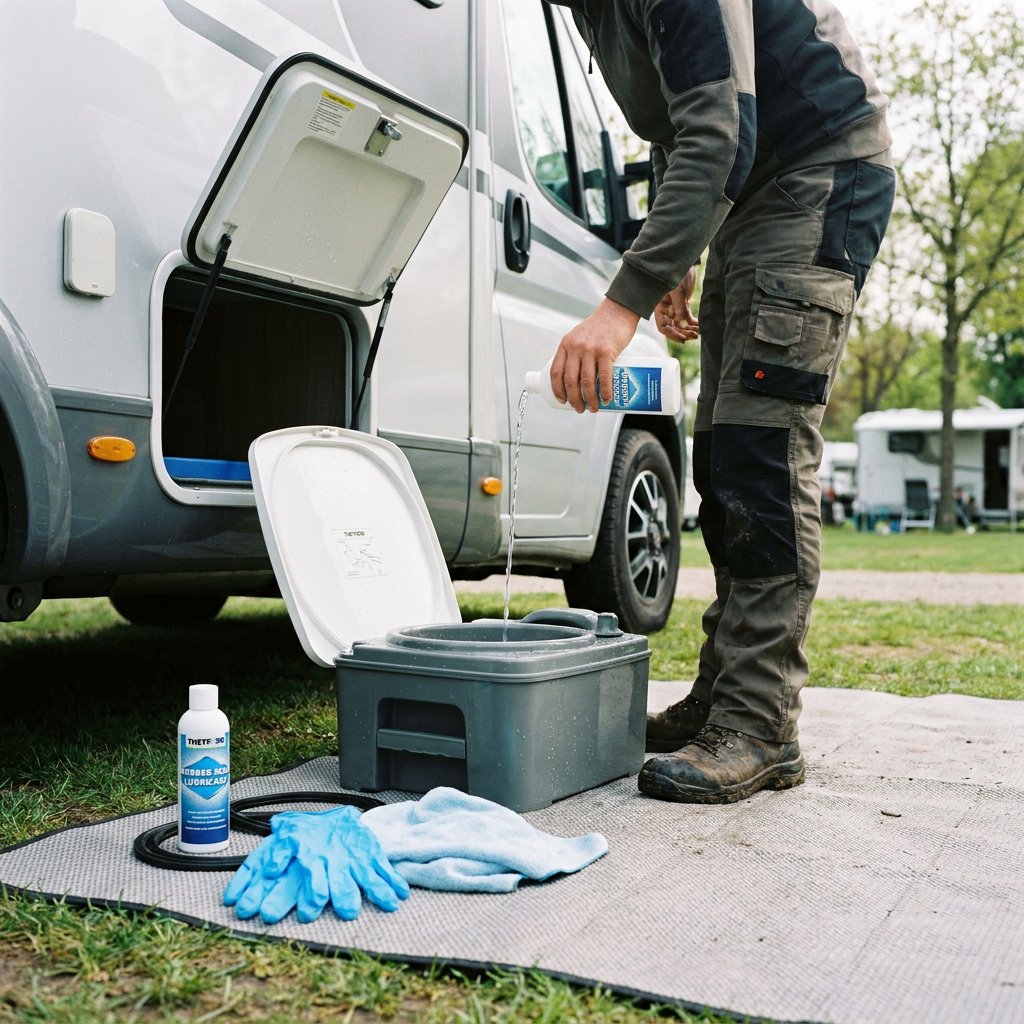 Persoon reinigt buiten bij een camper de toiletcassette met lauw water en reiniger, in zacht daglicht op een nette Europese camping.