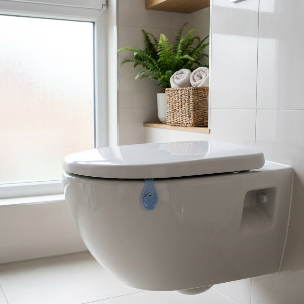 Modern wandtoilet met keramische coating en mild toiletblokje aan de rand, in een lichte, nette badkamer met zachte natuurlijke belichting.