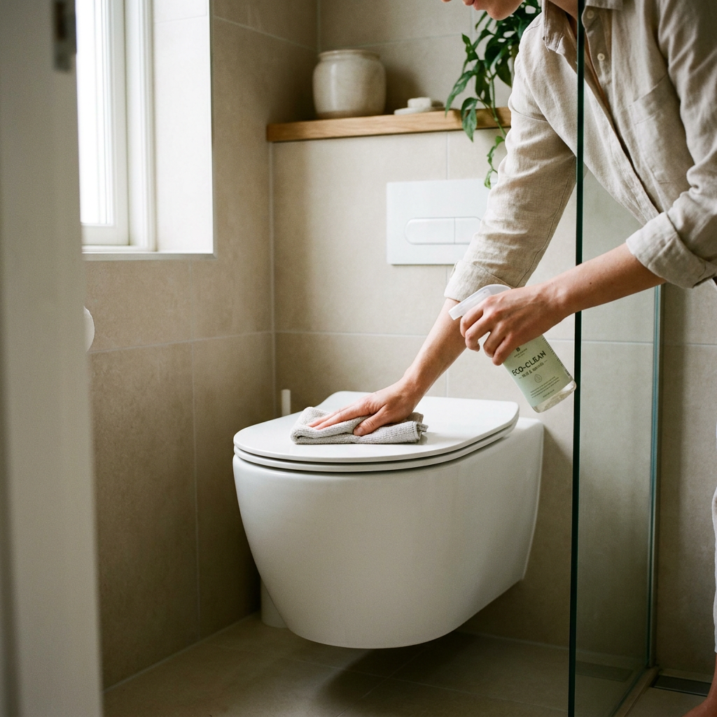 Moderne lichte badkamer met een mat wit toilet dat voorzichtig wordt schoongemaakt met zachte doek en milde spray, strak en streeploos resultaat.