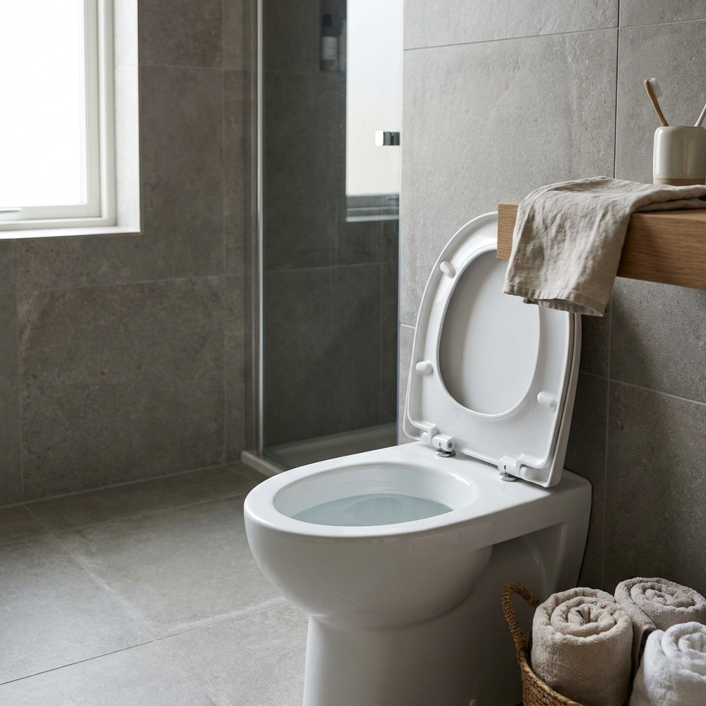Moderne badkamer met open toiletdeksel en zichtbaar lage waterstand in de wc-pot, zacht daglicht en een nette, realistische huishoudelijke sfeer.