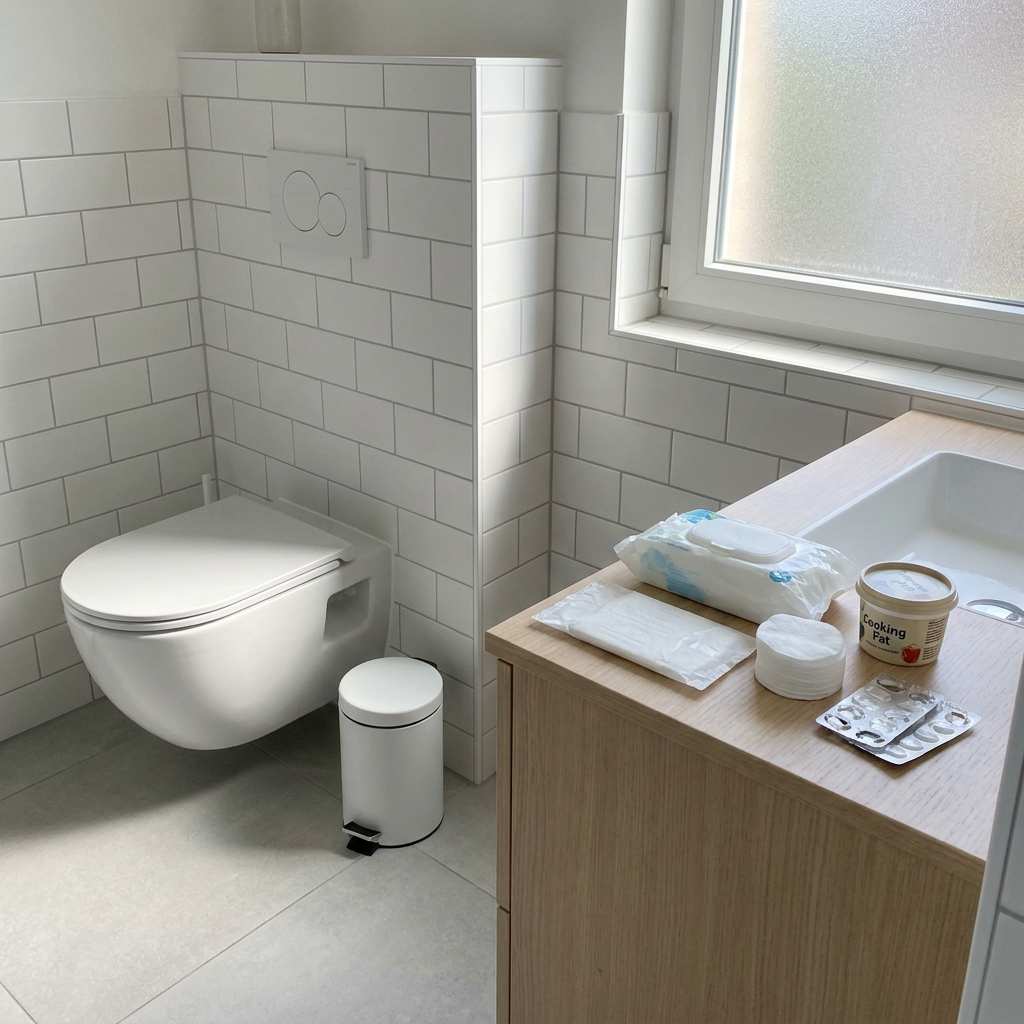 Moderne badkamer met open wc-deksel, afvalbak ernaast en spullen als doekjes, maandverband en medicijnen duidelijk apart gelegd.