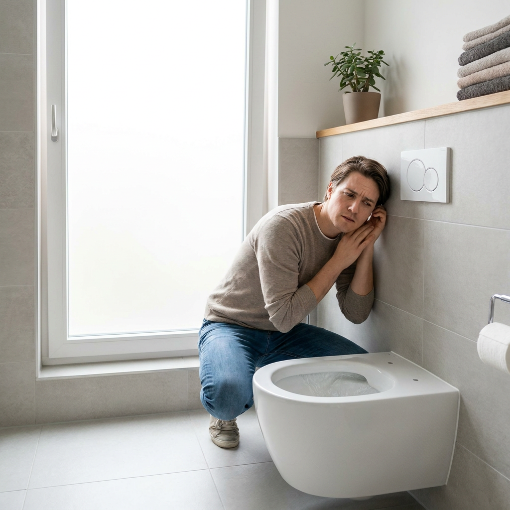 Persoon luistert aandachtig naar een toilet tijdens het doorspoelen in een nette moderne badkamer met daglicht en realistische details.