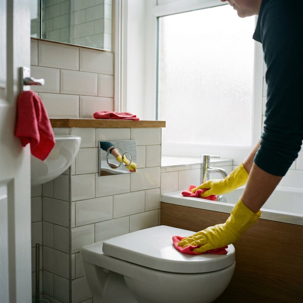 Persoon maakt een toilet schoon met aparte doekjes en handschoenen, terwijl spoelknop, kraan en deurklink zichtbaar zijn in een heldere badkamer.