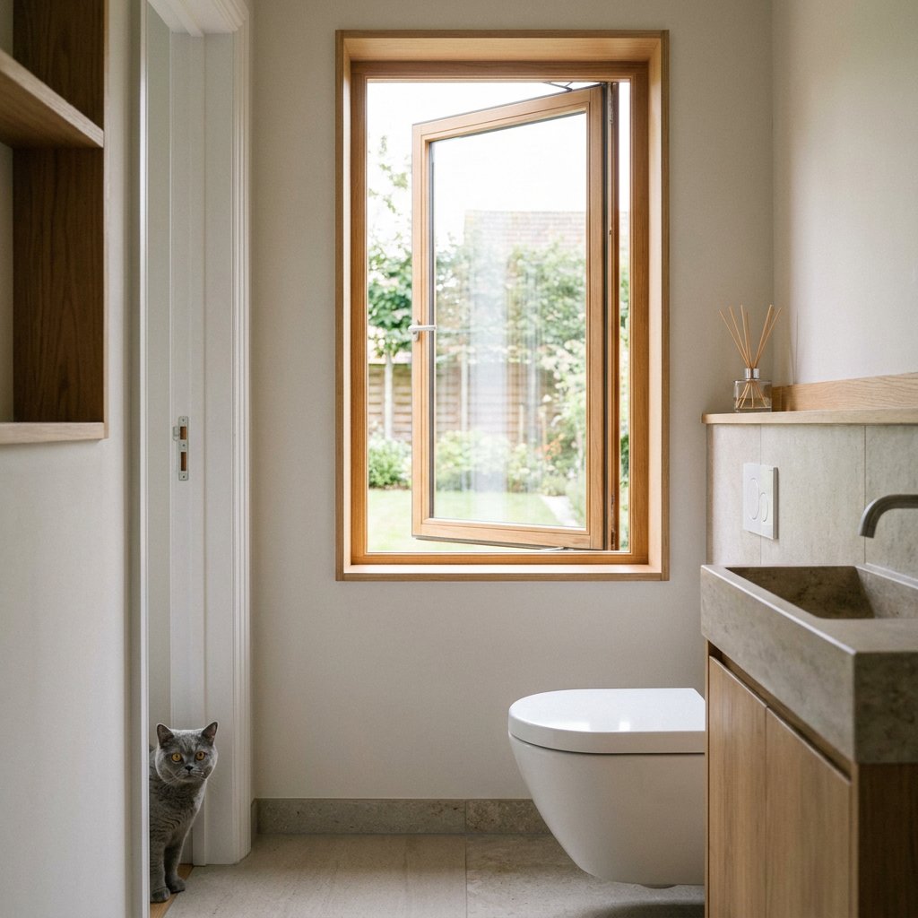 Lichte toiletruimte met subtiele wc-verfrisser op een hoge plank, open raam voor ventilatie en een nieuwsgierige kat bij de deuropening.