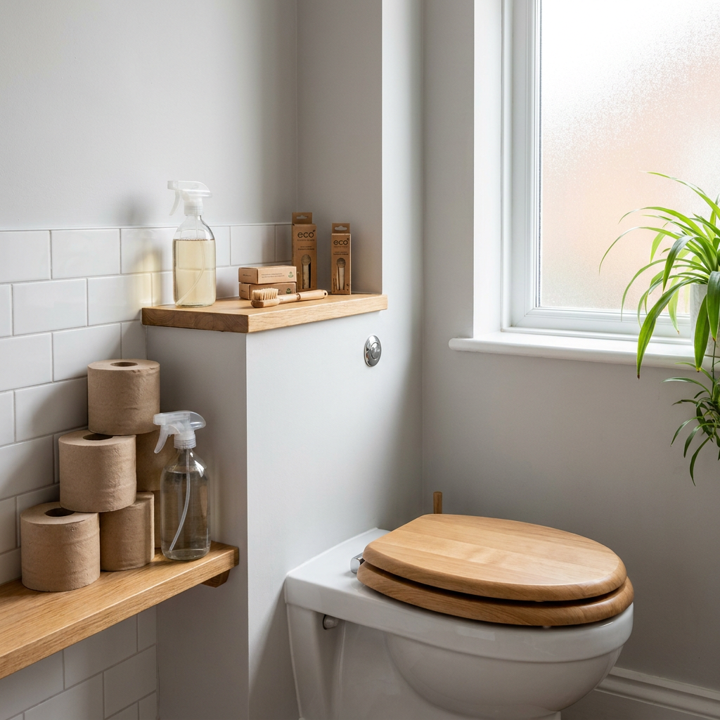 Frisse moderne wc met houten accenten, gerecycled toiletpapier, navulbare schoonmaakfles en zachte daglichtsfeer die duurzaamheid uitstraalt.