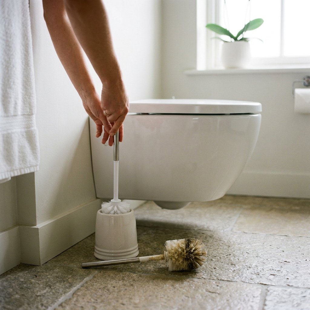 Hand vervangt een versleten toiletborstel in een houder naast een modern toilet in een schone, lichte badkamer met neutrale tegels.