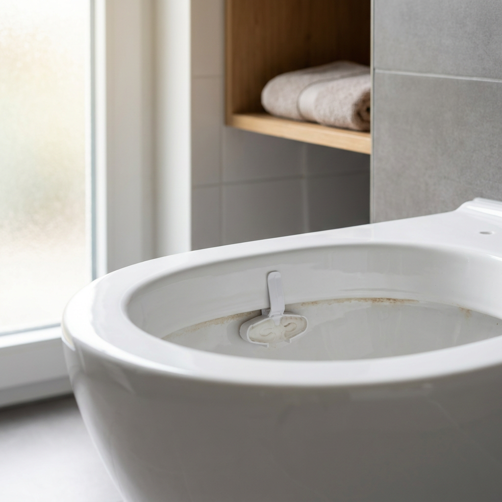 Close-up van een schoon wit toilet met toiletblokje en lichte kalkaanslag in de pot, in een moderne West-Europese badkamer met daglicht.