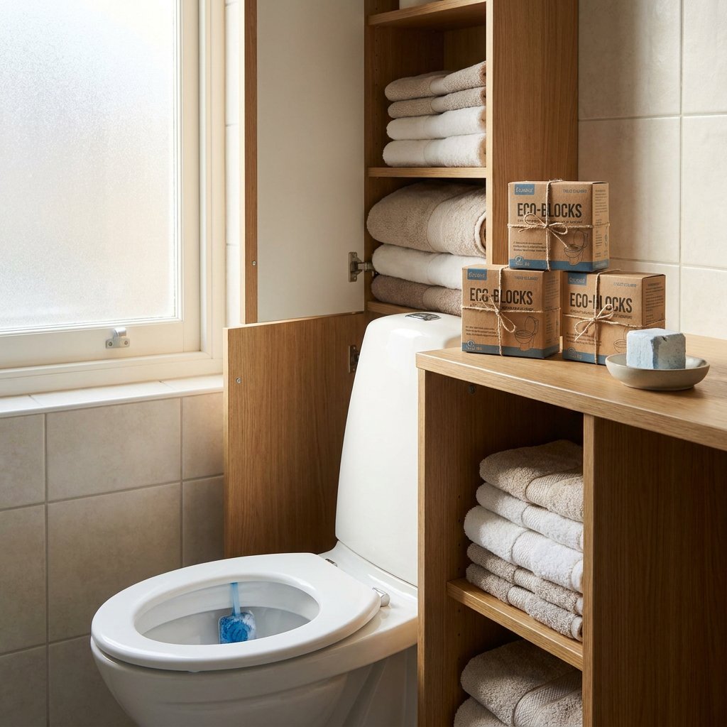 Open badkamerkast met wc-blokjes in verpakking en een gebruikt blokje bij het toilet, in zacht daglicht en een rustige, schone setting.