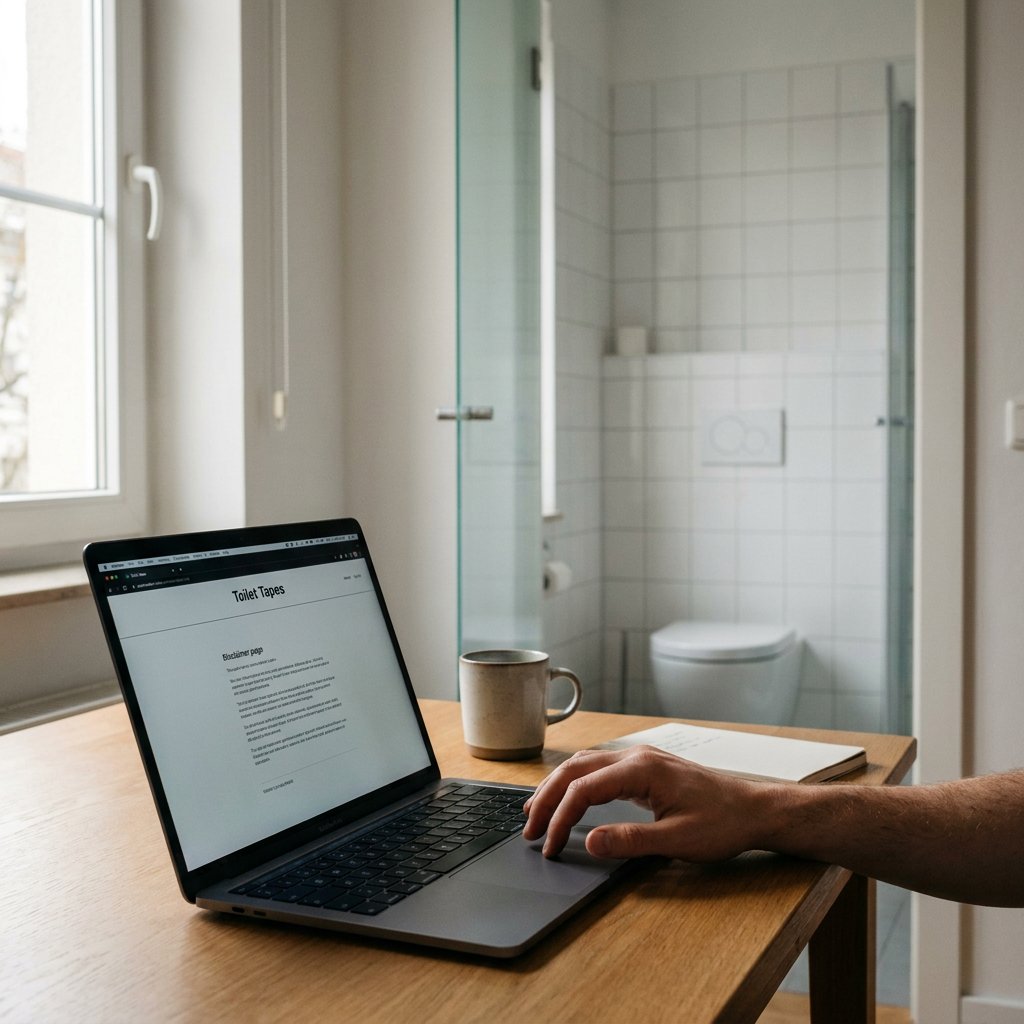 Lichte thuiswerkplek met een laptop waarop de disclaimerpagina van Toilet Tapes staat, op de achtergrond een open badkamerdeur met een schone witte wc.